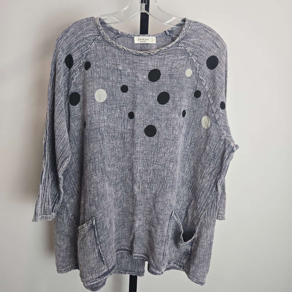 Jess & Jane Womens Blue Grey Polka Dot Cotton Tunic Top Pocket Lagenlook Large